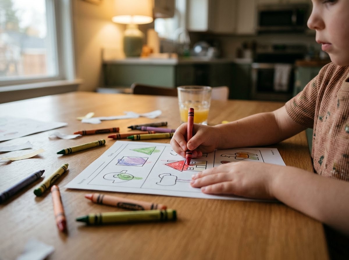 AI_IMAGE: A child's hands at a kitchen table, coloring in a simple printed worksheet with crayons scattered around, afternoon light falling across the paper, seen from just above and slightly to the side. | small square thumbnail beside a row of text in a stacked index of downloadable resources | photorealistic | square