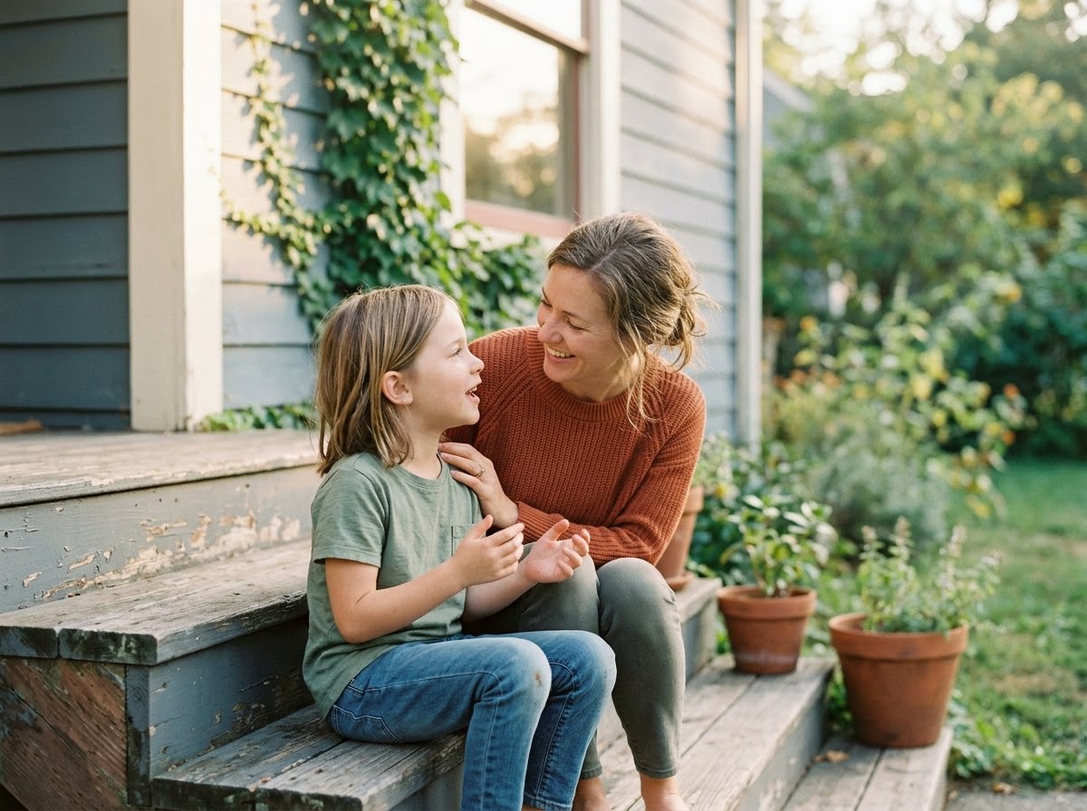 AI_IMAGE: A parent and a child sitting side by side on worn porch steps, leaning toward each other mid-conversation, soft late-day light on their faces, photographed straight on from a few steps away. | small square thumbnail beside a row of text in a stacked index of downloadable resources | photorealistic | square
