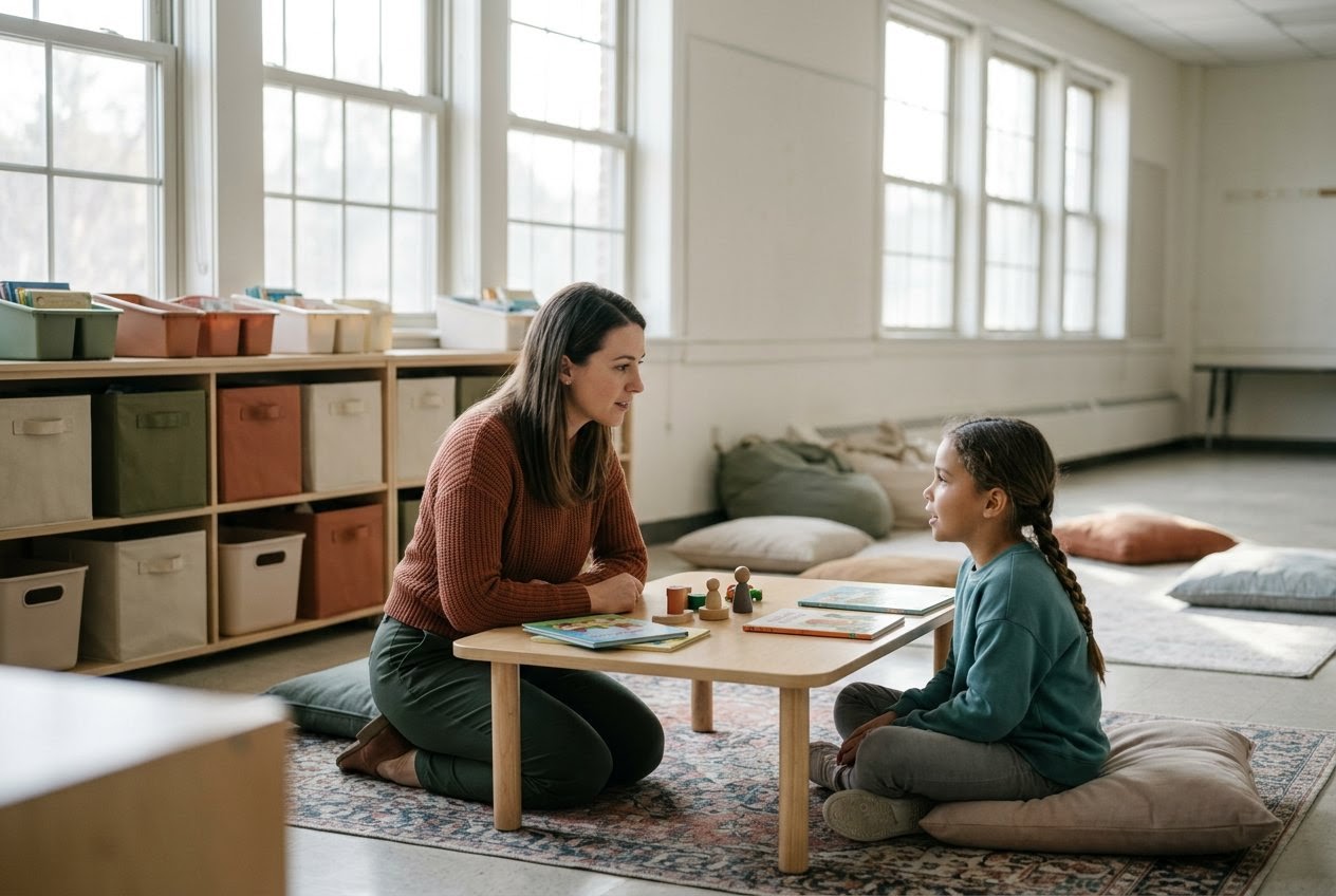 AI_IMAGE: A teacher kneeling beside a low table in a quiet classroom corner, talking with one student while the rest of the room sits empty behind them, daylight from tall windows falling across cushions and a shelf of bins. | pathway card in a four-card audience selector grid | photorealistic | card-landscape