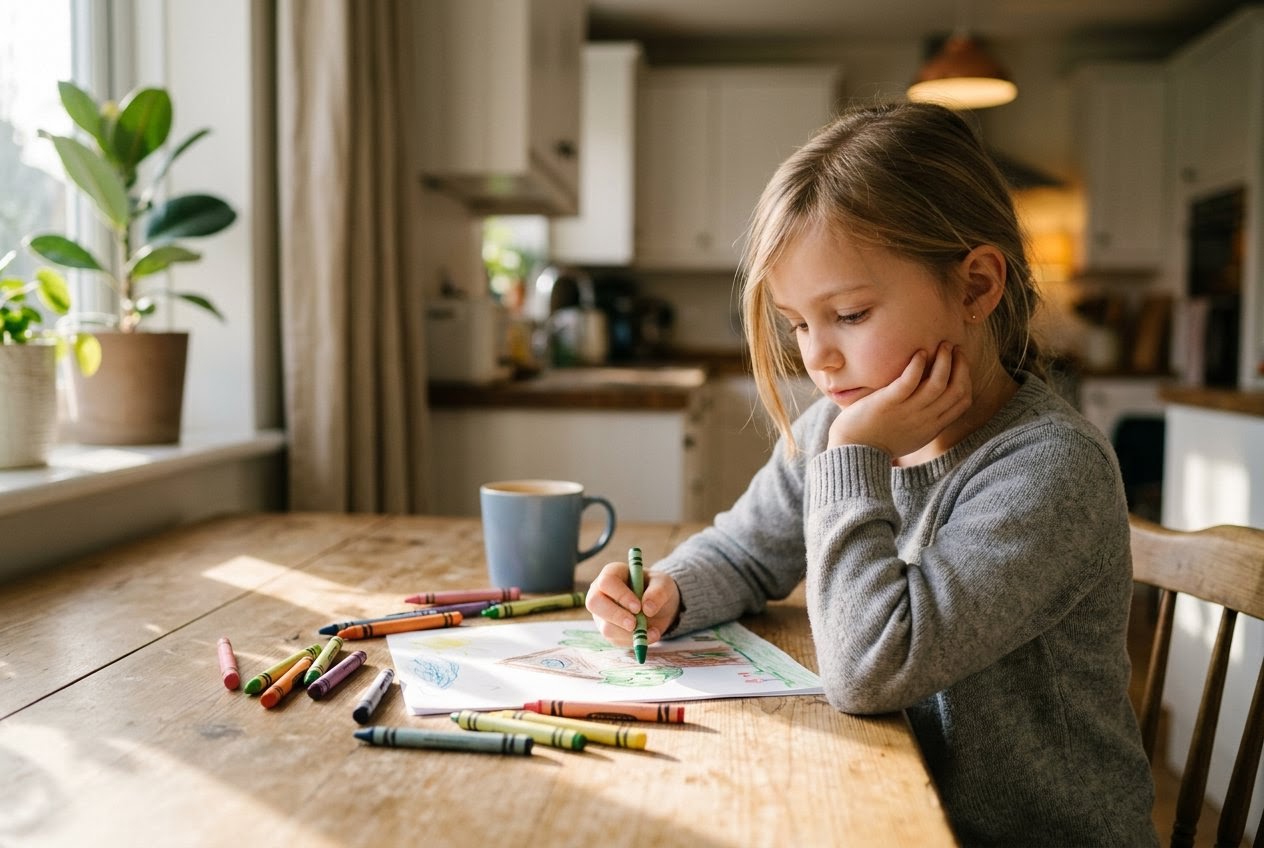 AI_IMAGE: A child of about eight sitting at a kitchen table with crayons and a half-finished drawing, elbow propped on the table, looking down at the paper with quiet concentration while afternoon light crosses the wood surface. | pathway card in a four-card audience selector grid | photorealistic | card-landscape