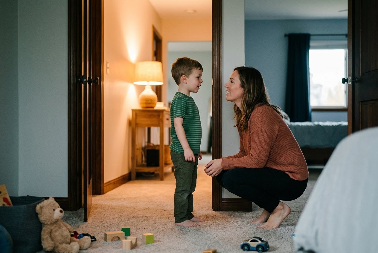 AI_IMAGE: A parent crouched in a bedroom doorway at a child's eye level, both of them mid-conversation, the hallway behind them lit by a warm lamp and the bedroom carpet scattered with a few toys. | pathway card in a four-card audience selector grid | photorealistic | card-landscape