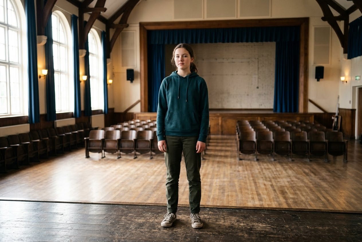 AI_IMAGE: A teenager standing at the edge of an empty school hall stage, shoulders squared and chin lifted, daylight from tall windows spilling across the floorboards behind them. | topic card image in an equal 4-column grid of emotional themes | photorealistic | card-landscape