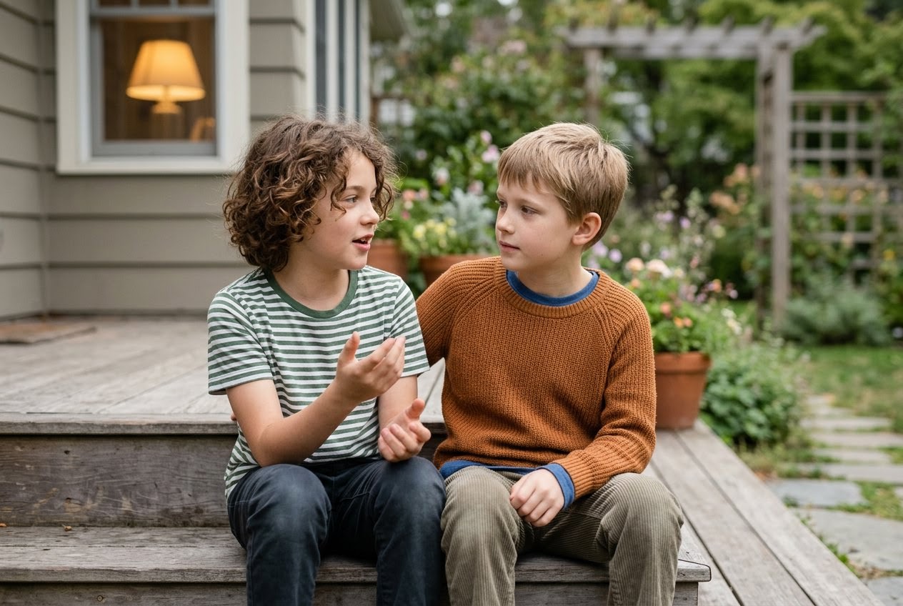 AI_IMAGE: Two children of about eleven sitting close together on wooden porch steps, shoulders touching, one talking and the other listening, with a garden softly out of focus behind them. | topic card image in an equal 4-column grid of emotional themes | photorealistic | card-landscape