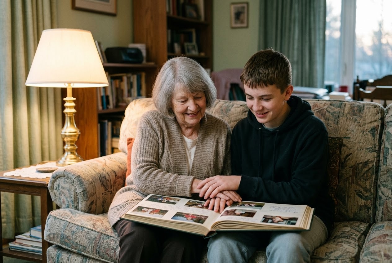AI_IMAGE: A teenager and a grandparent sitting side by side on a worn sofa turning the pages of a photo album, hands overlapping on the open page, lamplight falling across them. | topic card image in an equal 4-column grid of emotional themes | photorealistic | card-landscape