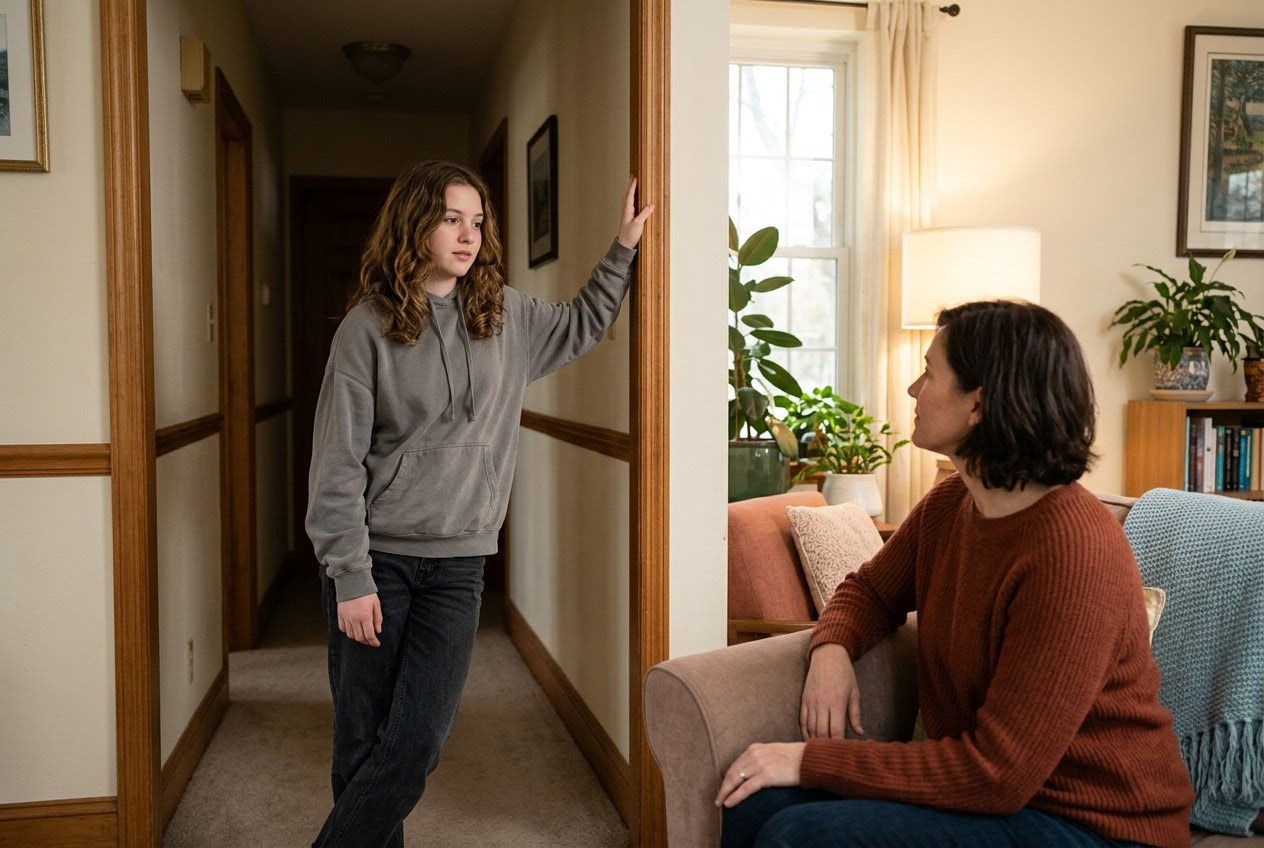 AI_IMAGE: A teenager pausing in a softly lit hallway doorway at home, one hand on the frame, while an adult seated in the room beyond turns toward them with an unhurried, attentive posture. | topic card image in an equal 4-column grid of emotional themes | photorealistic | card-landscape