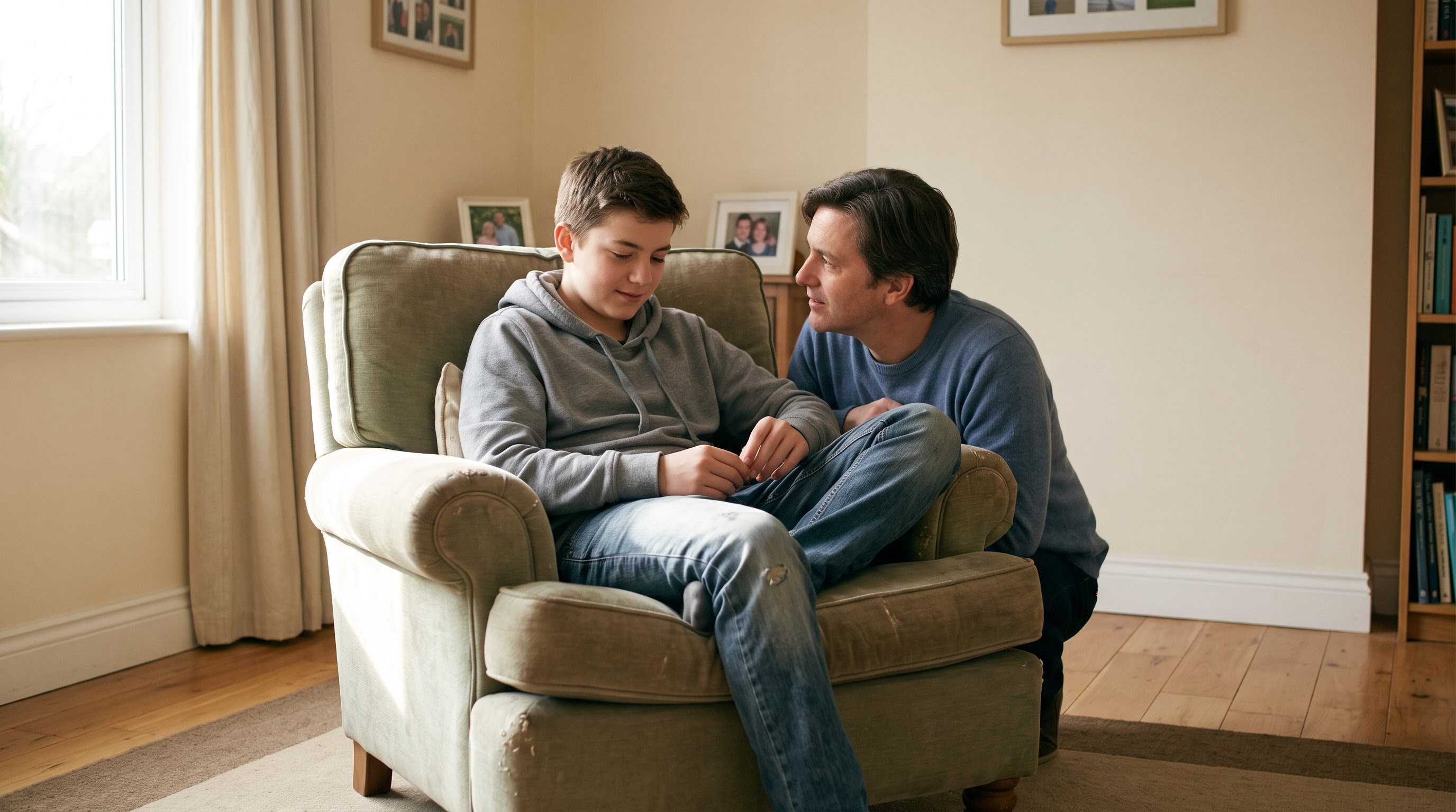 AI_IMAGE: A young teenager sitting on a worn armchair beside an adult who leans in listening, both turned slightly toward each other in a plain living room, soft daylight from a window at the left falling across the floor and the arm of the chair, no faces strained, an unhurried and ordinary moment. | wide feature photograph inside the supporting region of a two-column support band, framed in landscape | photorealistic | landscape
